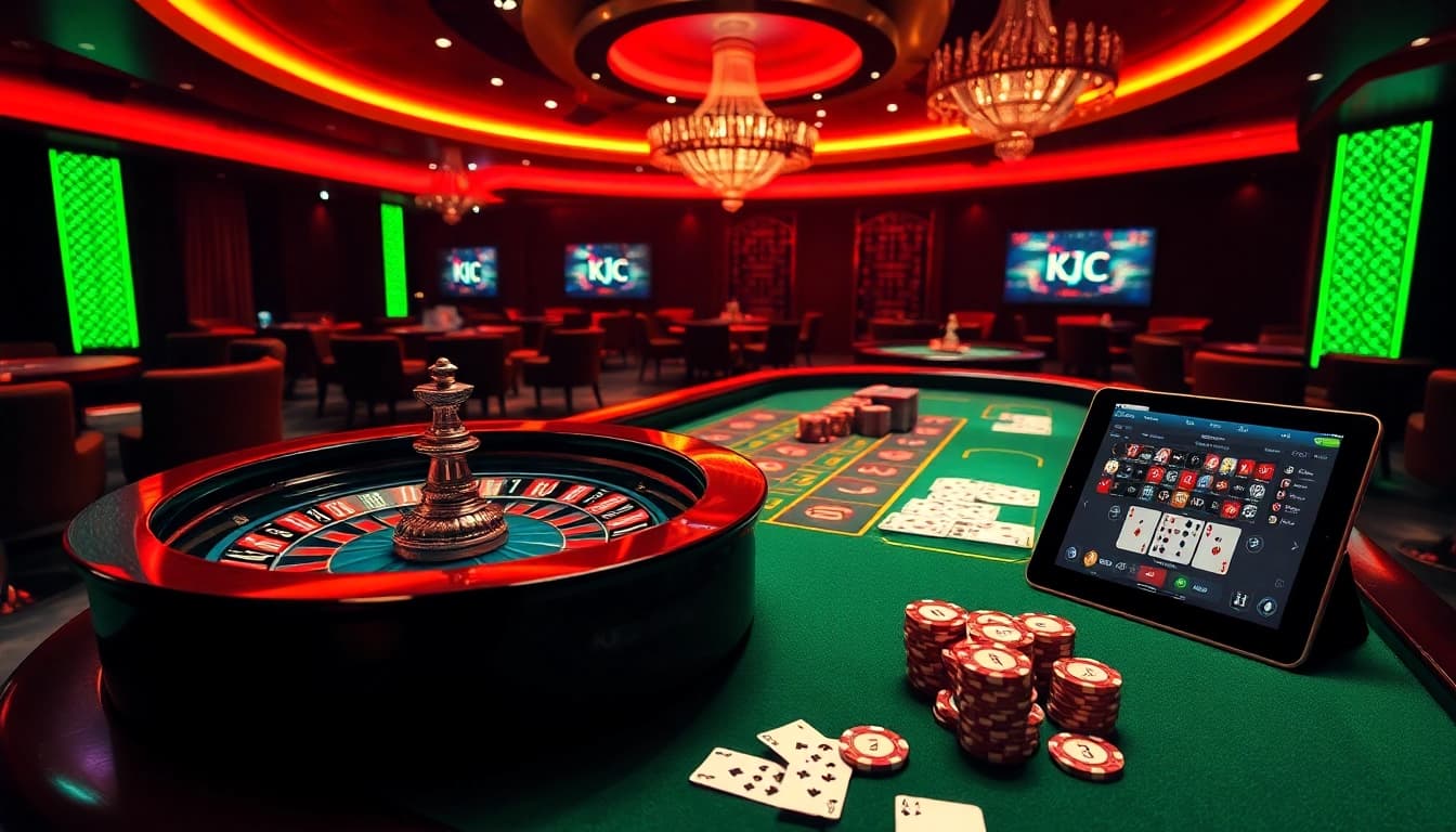 Experience the thrill of KJC with a vibrant casino table scene showcasing poker chips and roulette.