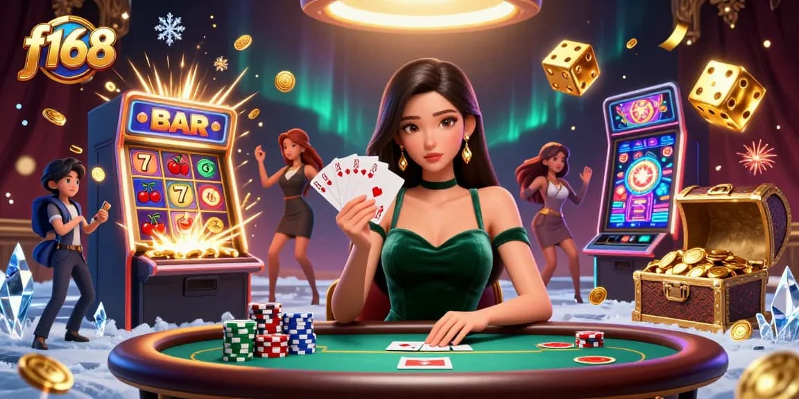 Win big at f168 with a stunning poker setup, featuring a focused Asian woman with cards and dramatic casino elements.