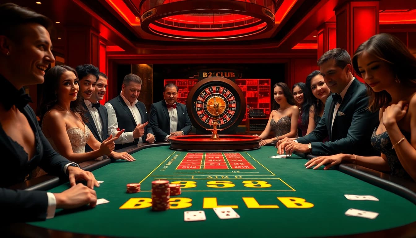 Players enjoying a B52 CLUB poker game at an upscale casino table with vibrant lighting.