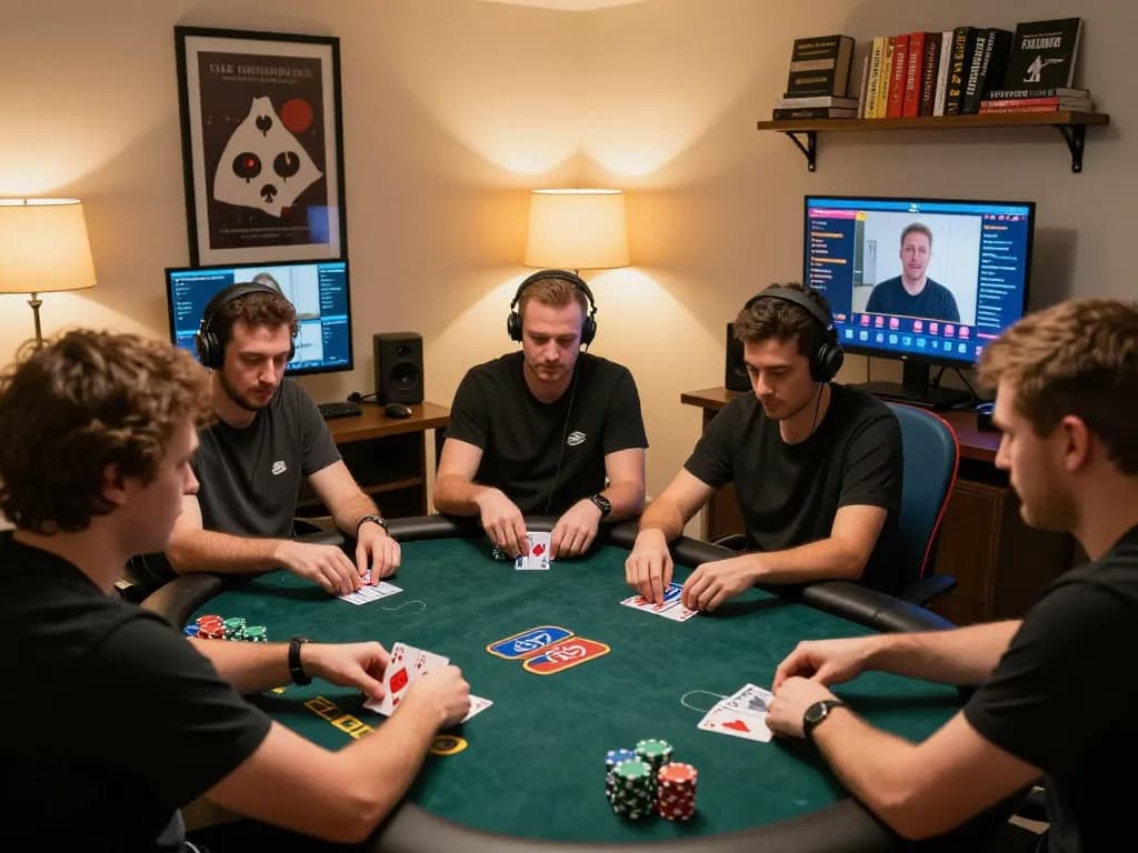 Players engaging in an online poker match with F8bet dental app interface visible, highlighting strategic betting.