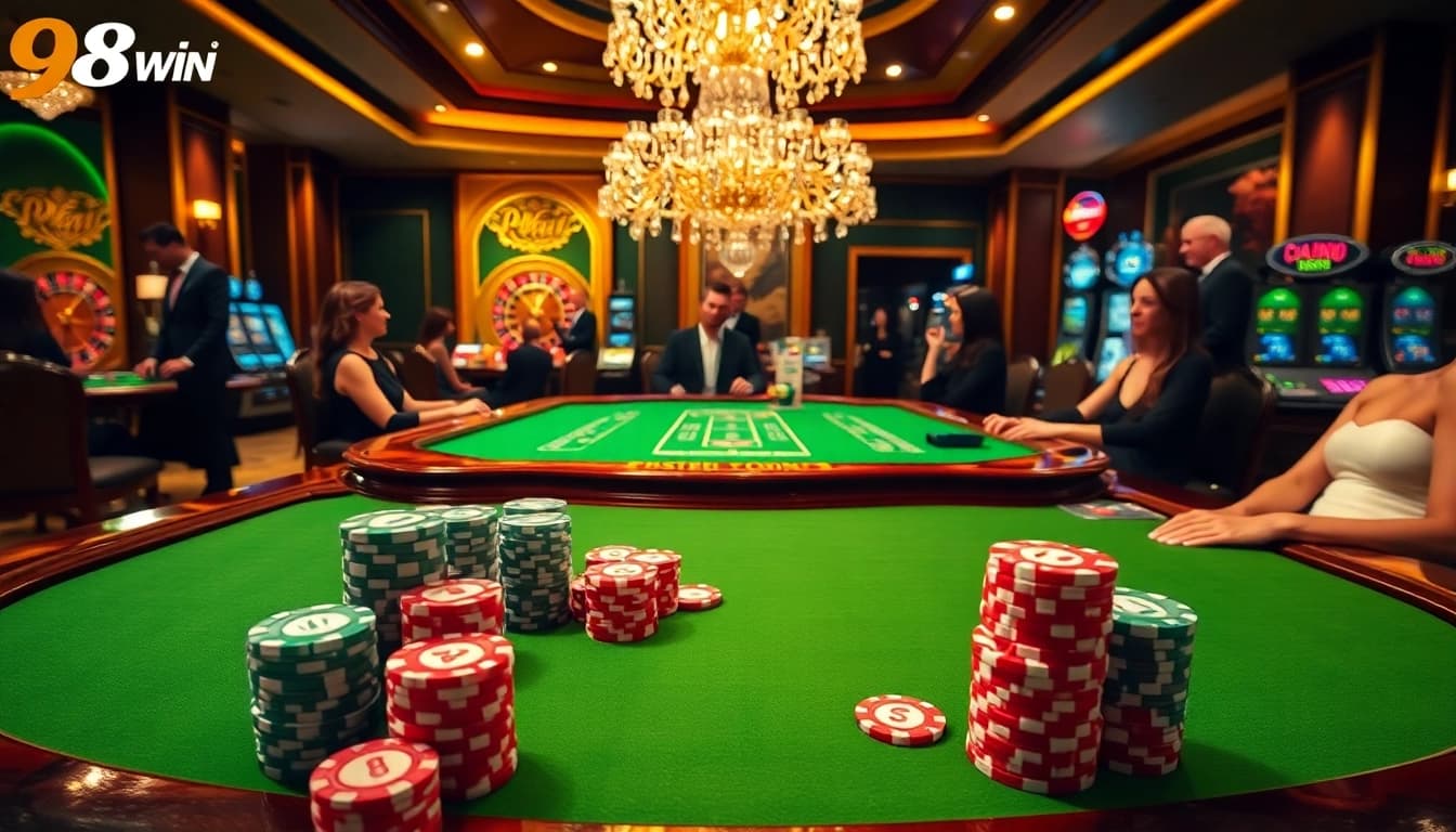 Experience the thrill of high-stakes poker at 98win casino with professional players and vibrant chips.