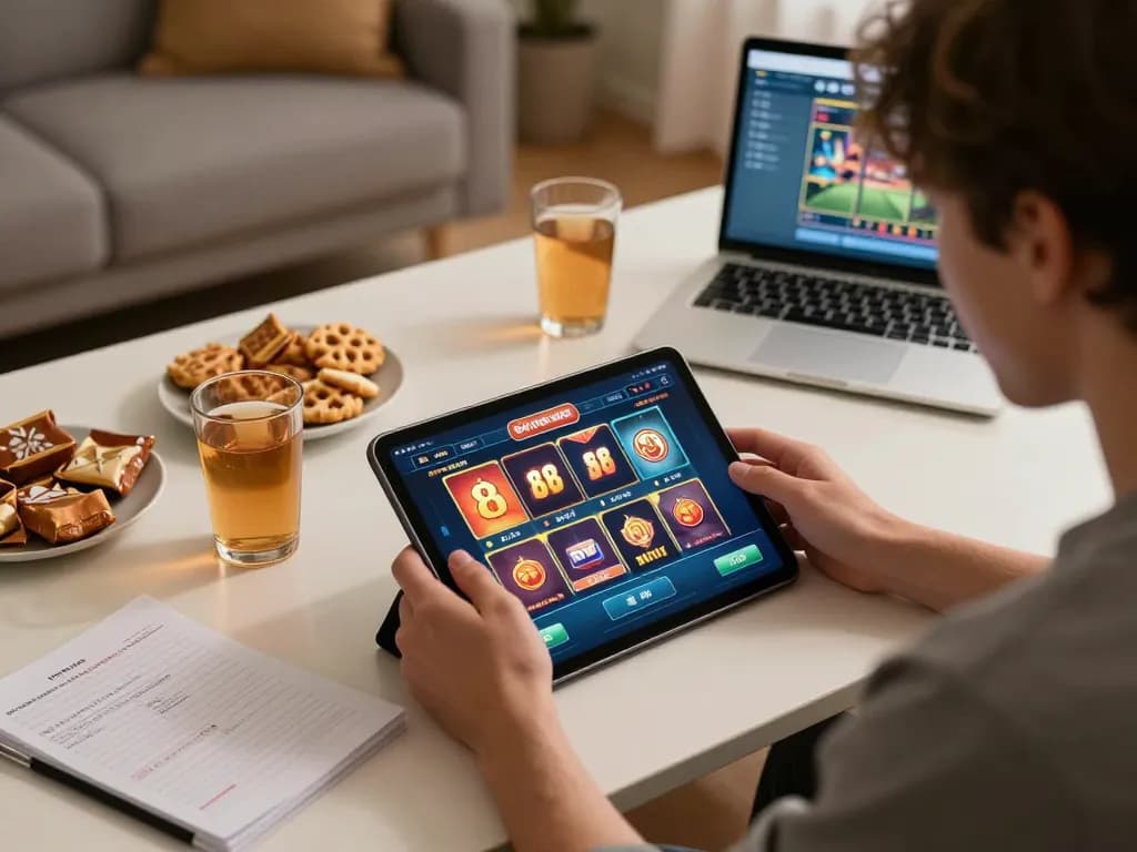 Engaging with the sky 88 casino app on a tablet in a cozy home gaming setup.