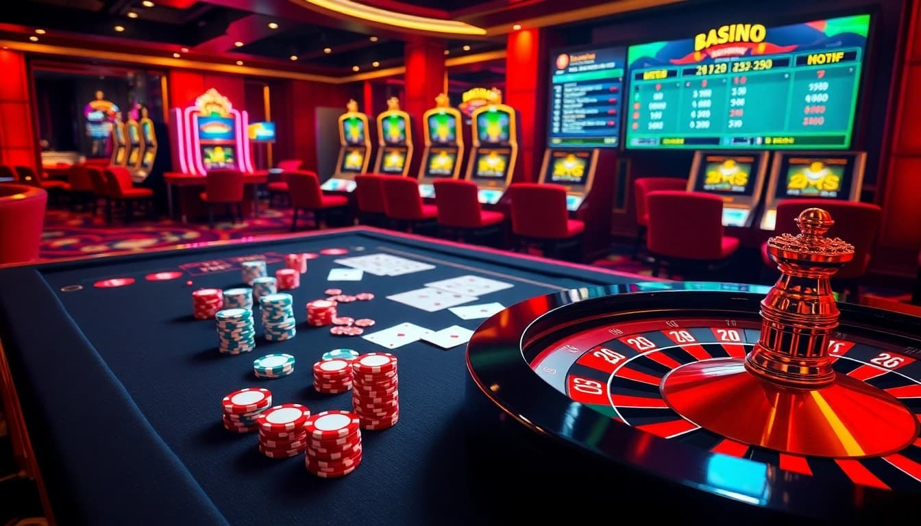 Experience thrilling gameplay at https://bem88.com with casino tables, exciting chips, and vibrant slot machines.