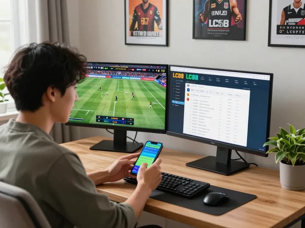 Engaged gambler placing bets on LC88 sports betting interface while watching a live match.