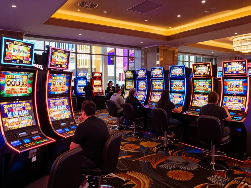 Players enjoying vibrant slot machines at 789CLUB, capturing excitement of casino gaming.