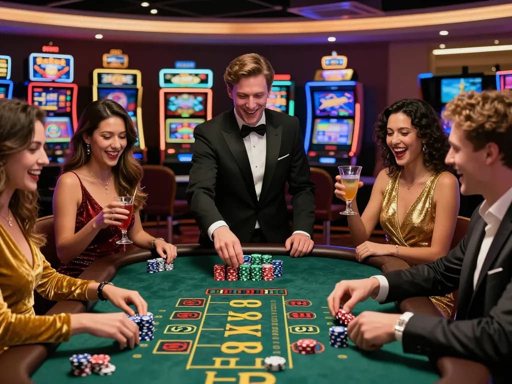 Zbet casino scene with friends enjoying blackjack game and vibrant atmosphere.
