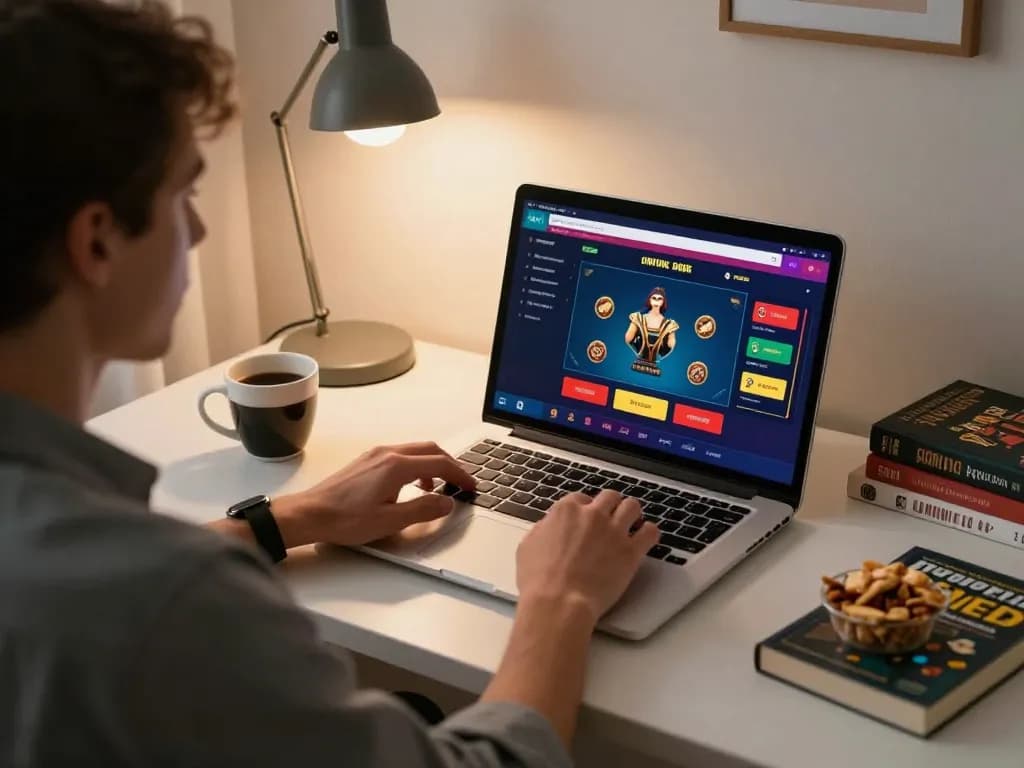 Player immersed in cm88 social online casino gaming using laptop at home desk.