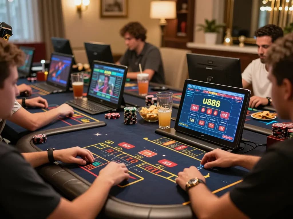Engaged players exploring u888 online casino games on their devices with a lively atmosphere