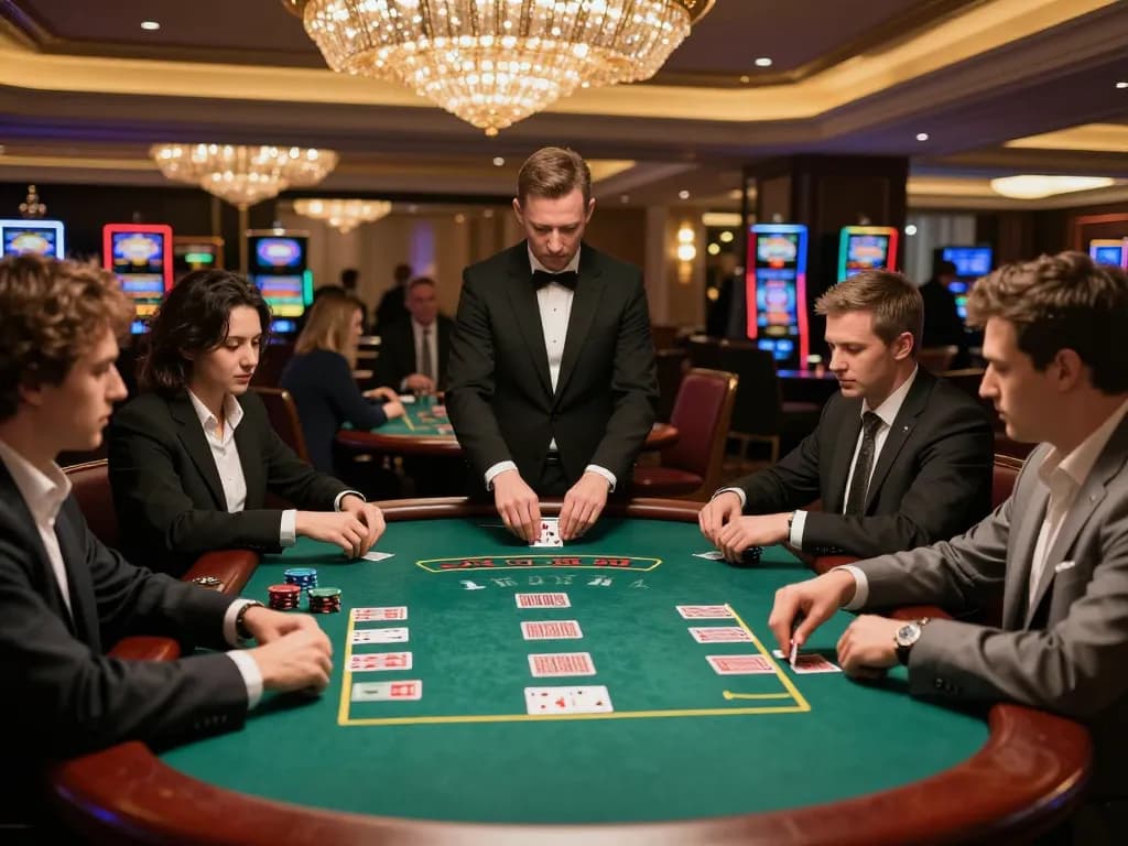 Engaged players at iwin club blackjack table making strategic bets in upscale casino.