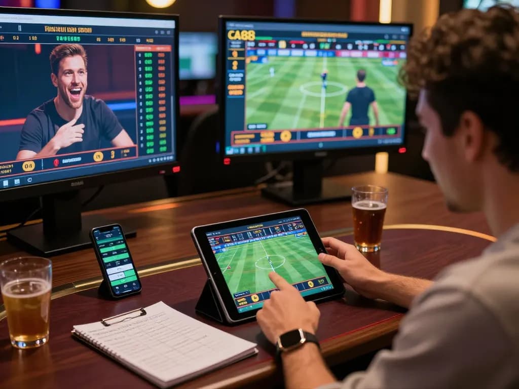 Betting on live sports using GA88 app with devices showcasing odds and excitement