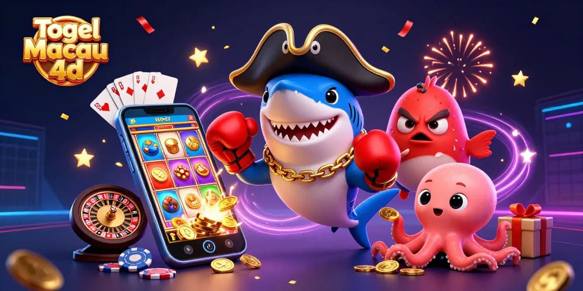 Togel Macau 4d gaming scene with colorful characters and dynamic casino elements, featuring vibrant energy and excitement.
