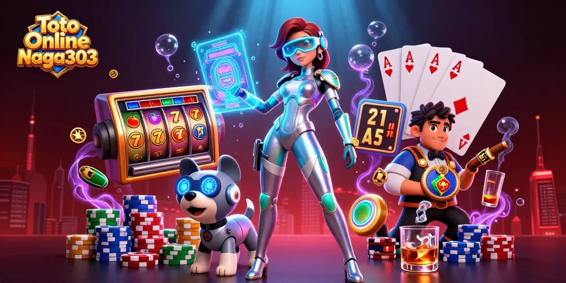 Toto Online Naga303 showcases a stunning 3D illustration of a futuristic woman and robot dog in a vibrant casino scene.