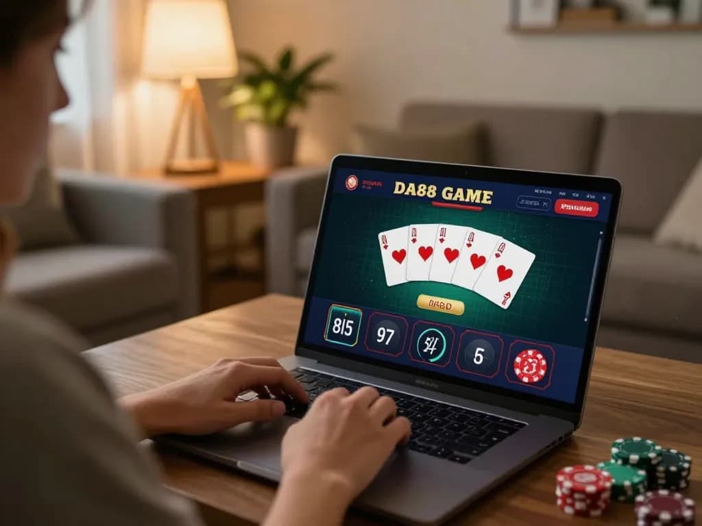 Engaging in the DA88 GAME online poker session, showcasing a player's setup at home.