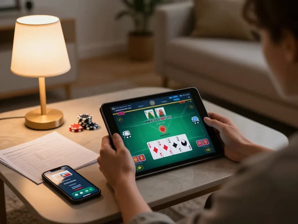 Engaging in online poker gameplay at https://f168biz.com/ with tablet and personal strategy notes.