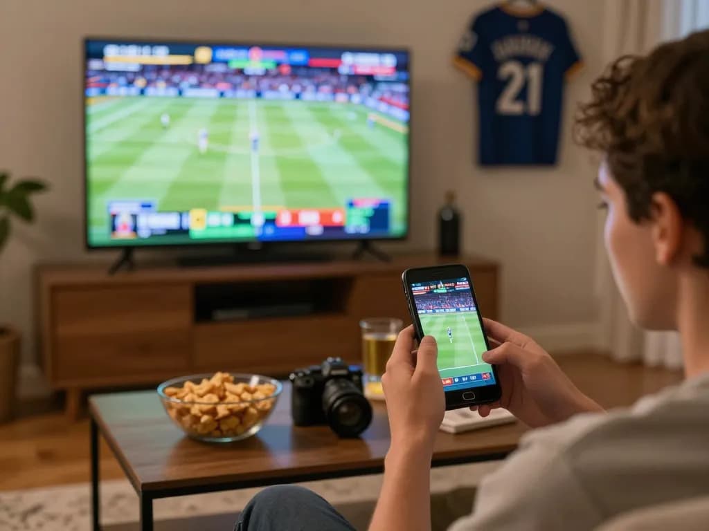 Engaging in sports betting at home with 88CLUB using smartphone while watching live games.
