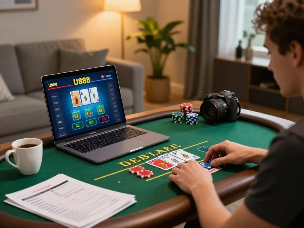 Engaging online blackjack session on U888, showcasing player strategy in cozy home setting.