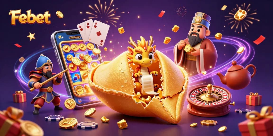 Experience Febet's vibrant casino features with a captivating golden fortune cookie illustration.