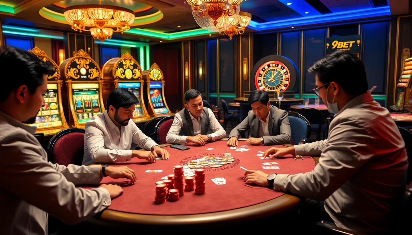 Competitive poker game scene at 9BET casino table with vibrant chips and focused players.