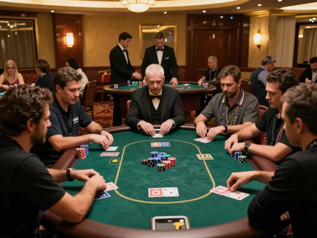 uk 88 poker players strategizing in a luxury casino setting with intense game action