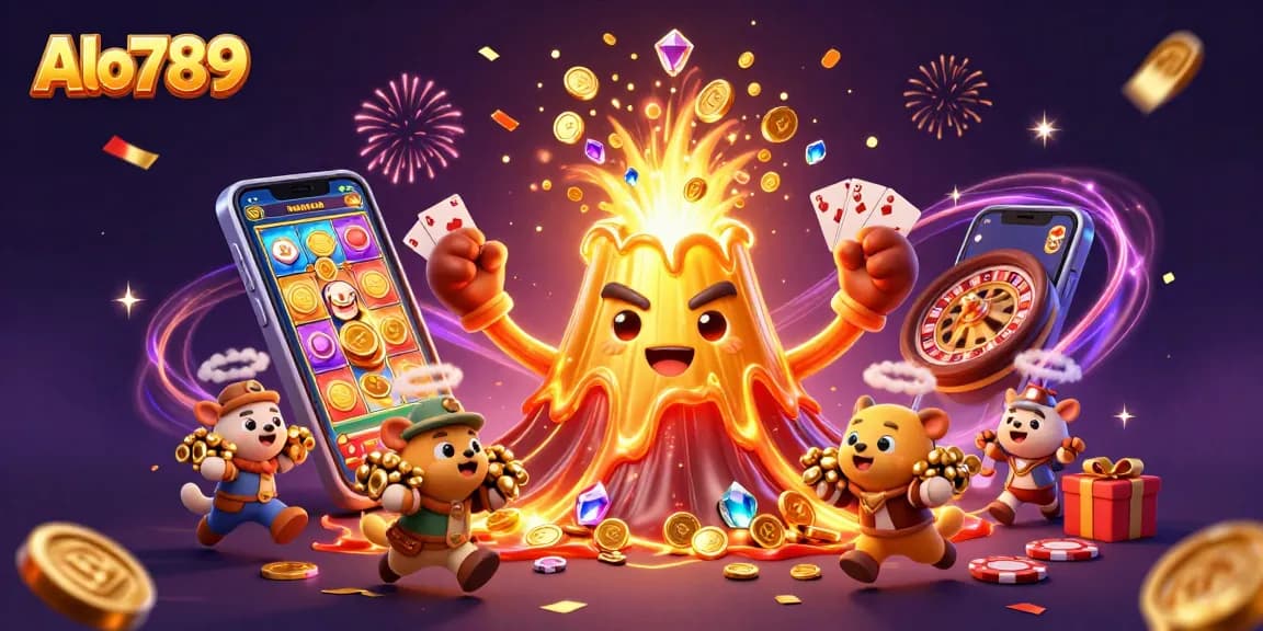 Alo789 showcases a triumphant golden volcano with treasure as online casino excitement erupts.