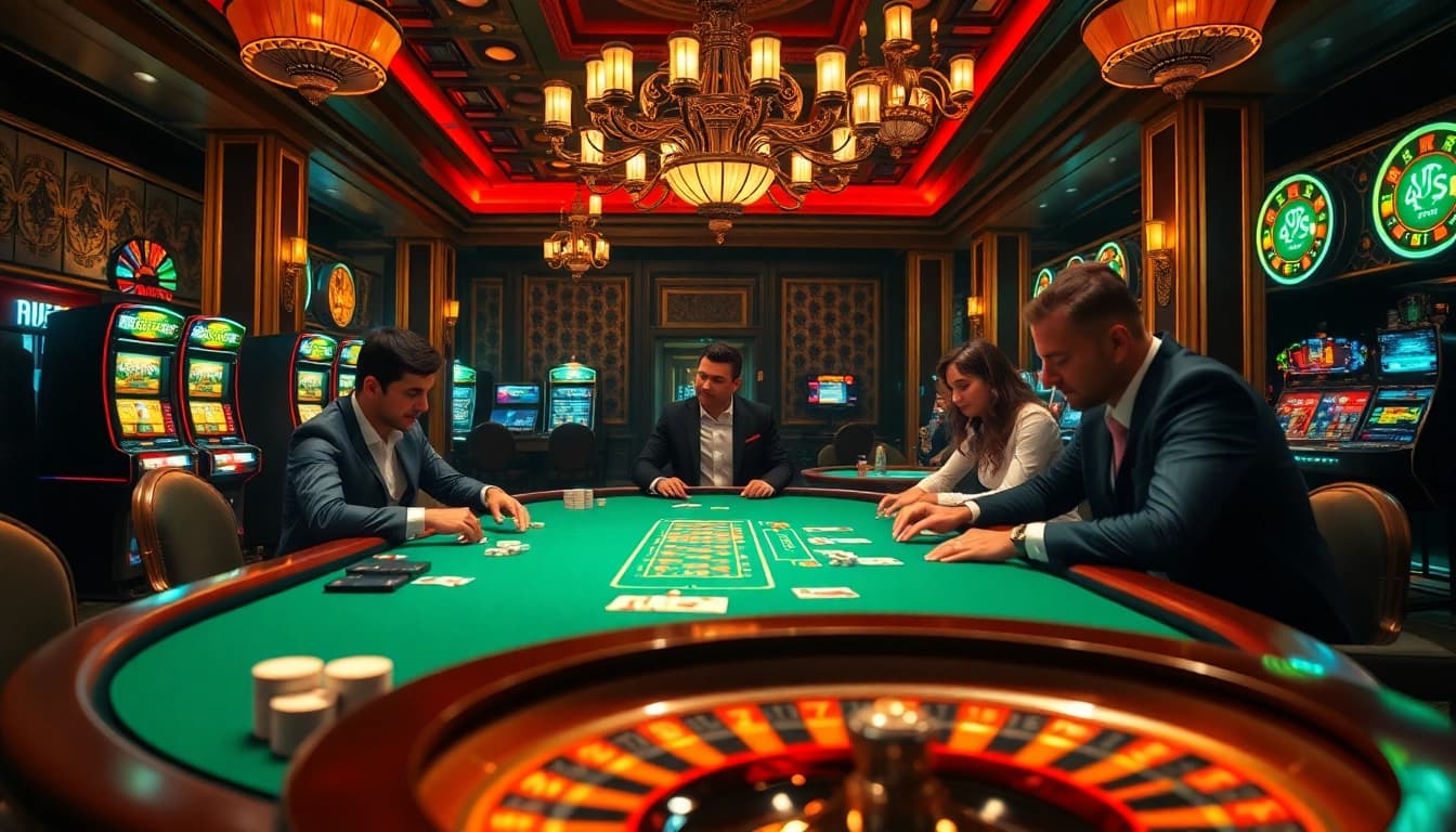 Engage in high-stakes poker action at oxbet7.com, featuring vibrant chips and a luxurious casino backdrop.