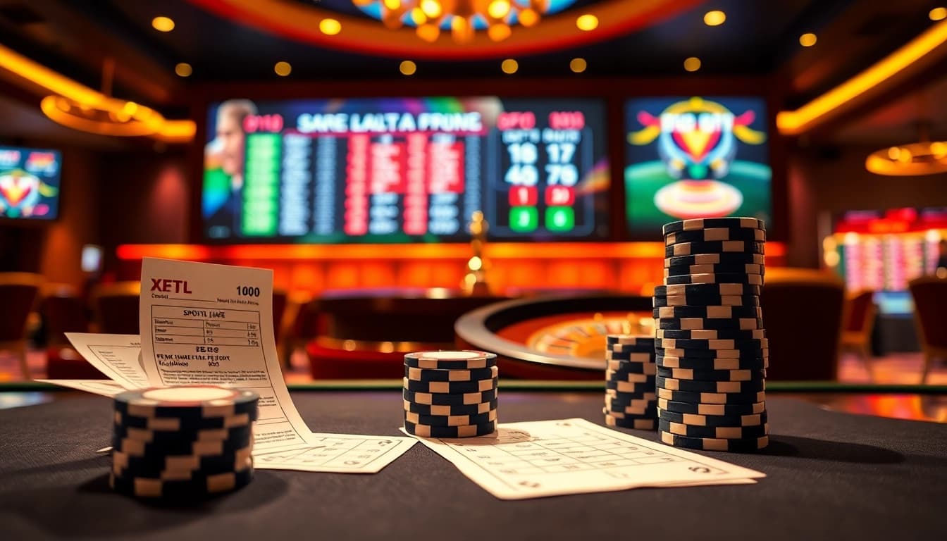 Experience the thrill of tỷ lệ kèo bóng đá 88 at a luxurious casino with tables and betting slips.