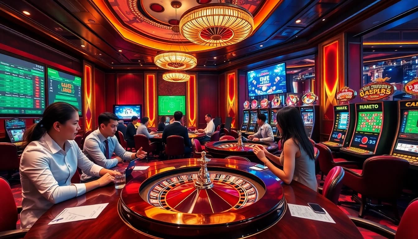 Kèo nhà cái betting excitement showcased in a luxurious online gambling scene with players and tables.