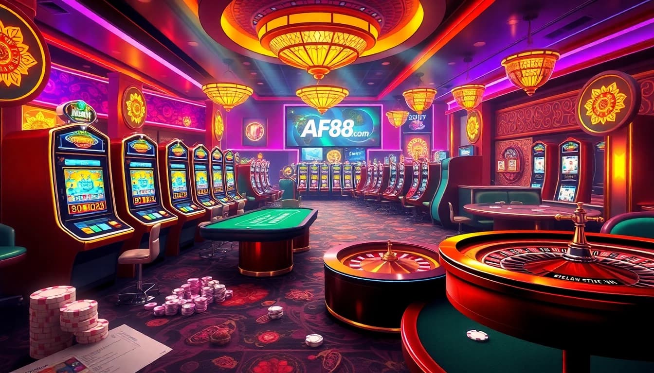 Exciting gambling scene at AF88 com showcasing slot machines, poker tables, and vibrant colors.