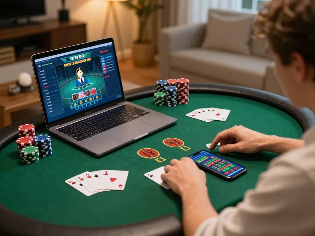 Engaging in online poker strategy using llwin3 at a cozy home gaming setup, featuring laptop and betting tools