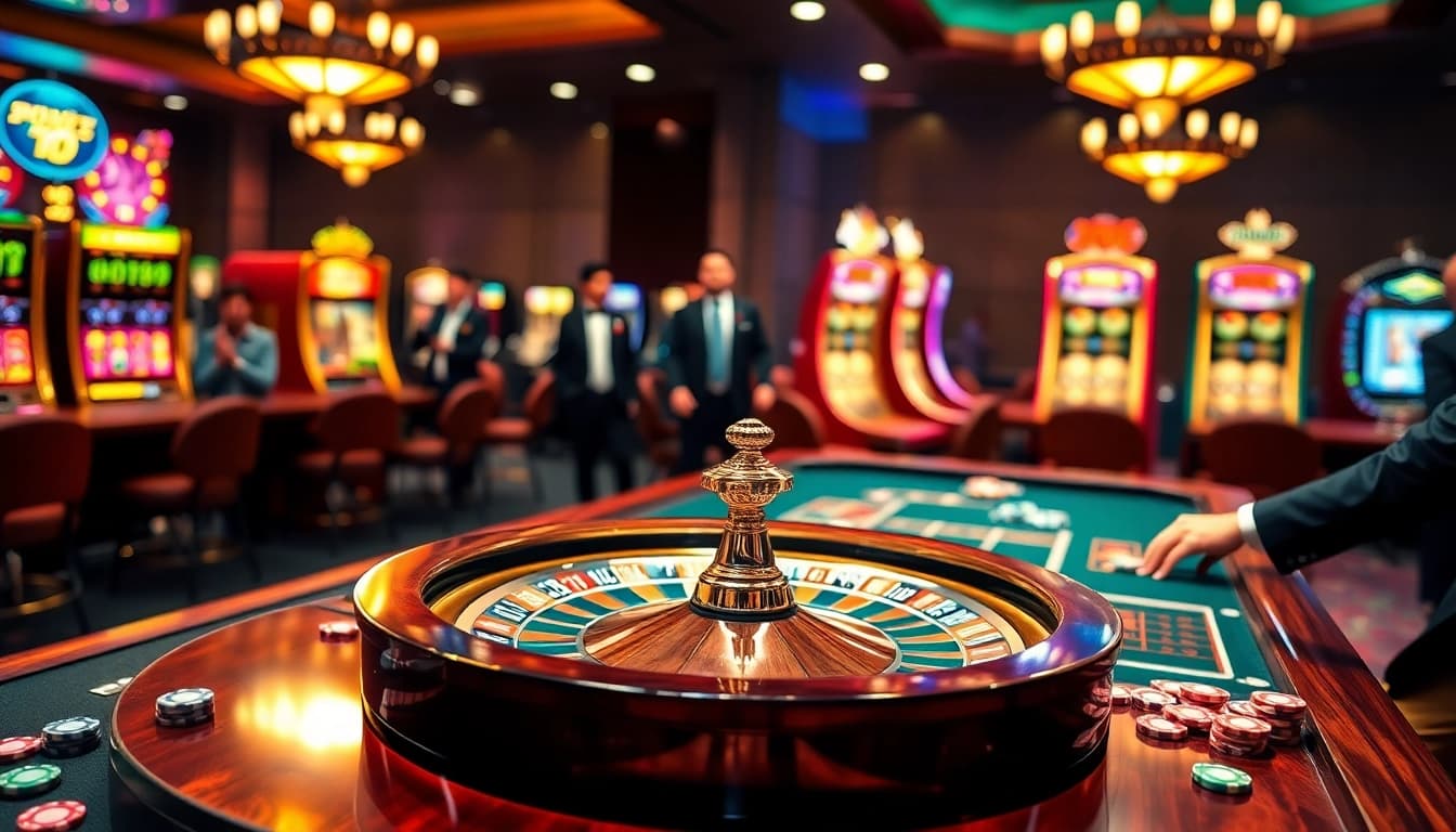 A player at https://vn789.xyz/ enjoying a thrilling game at the roulette table in a vibrant casino scene.