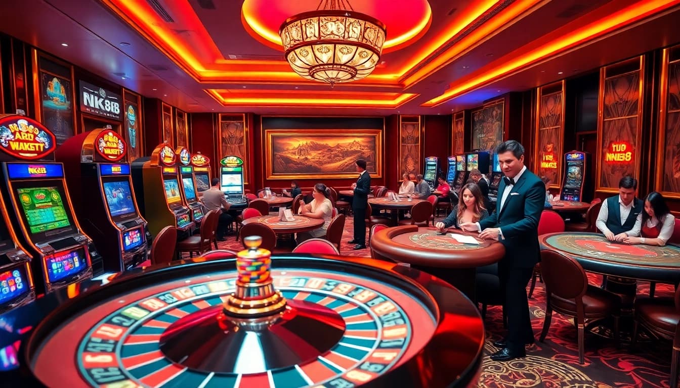 Experience the excitement of NK88 with vibrant casino scenes full of action and luxury.