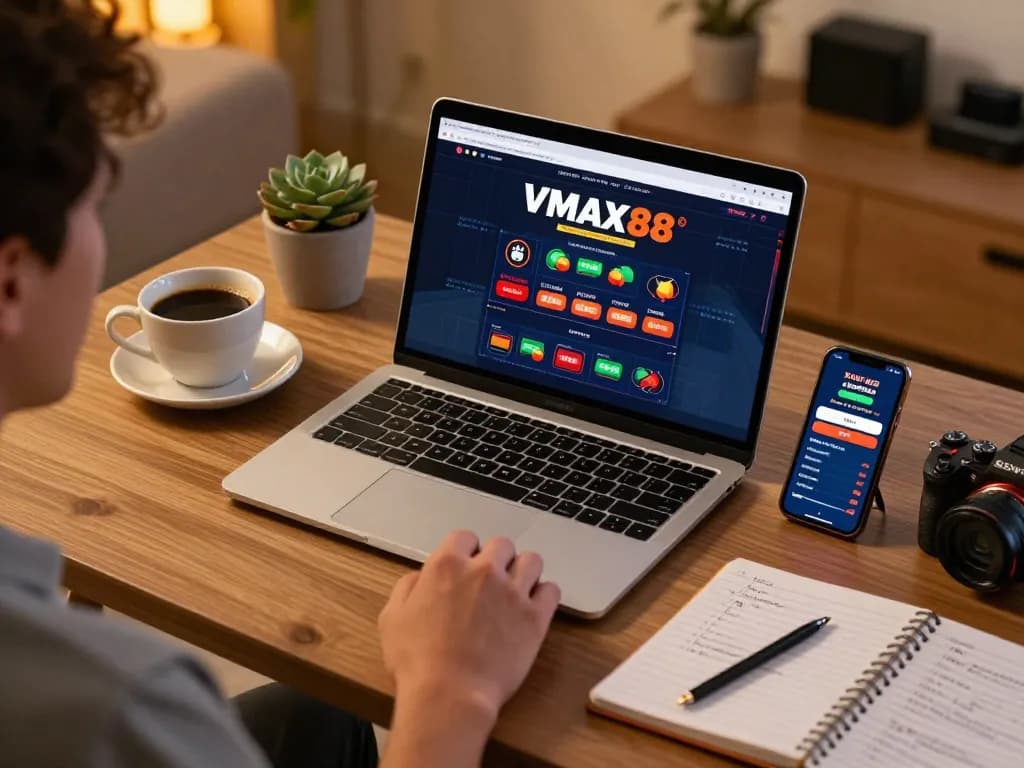 Engaging online gambling scene displaying VMAX88 gaming on laptop and smartphone, cozy atmosphere with strategic notes nearby.
