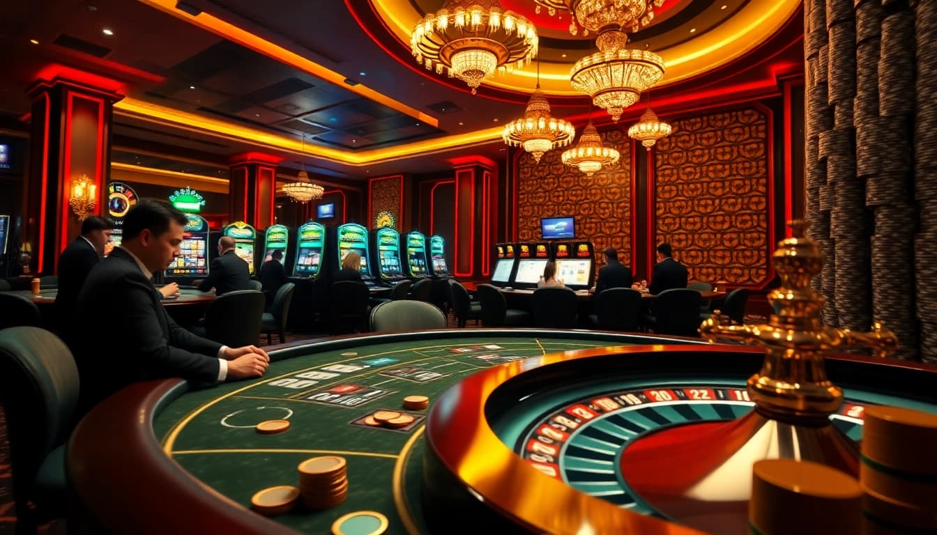 Engaging casino scene featuring poker, slots, and roulette representing ok365t.fit.