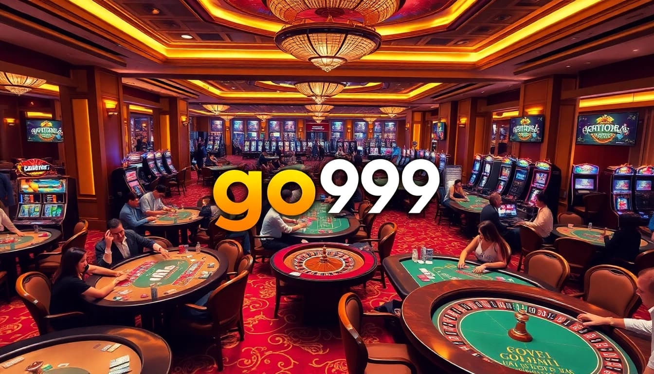 go99 đăng nhập, players engaging in exciting casino games, showcasing card tables and roulette wheels.