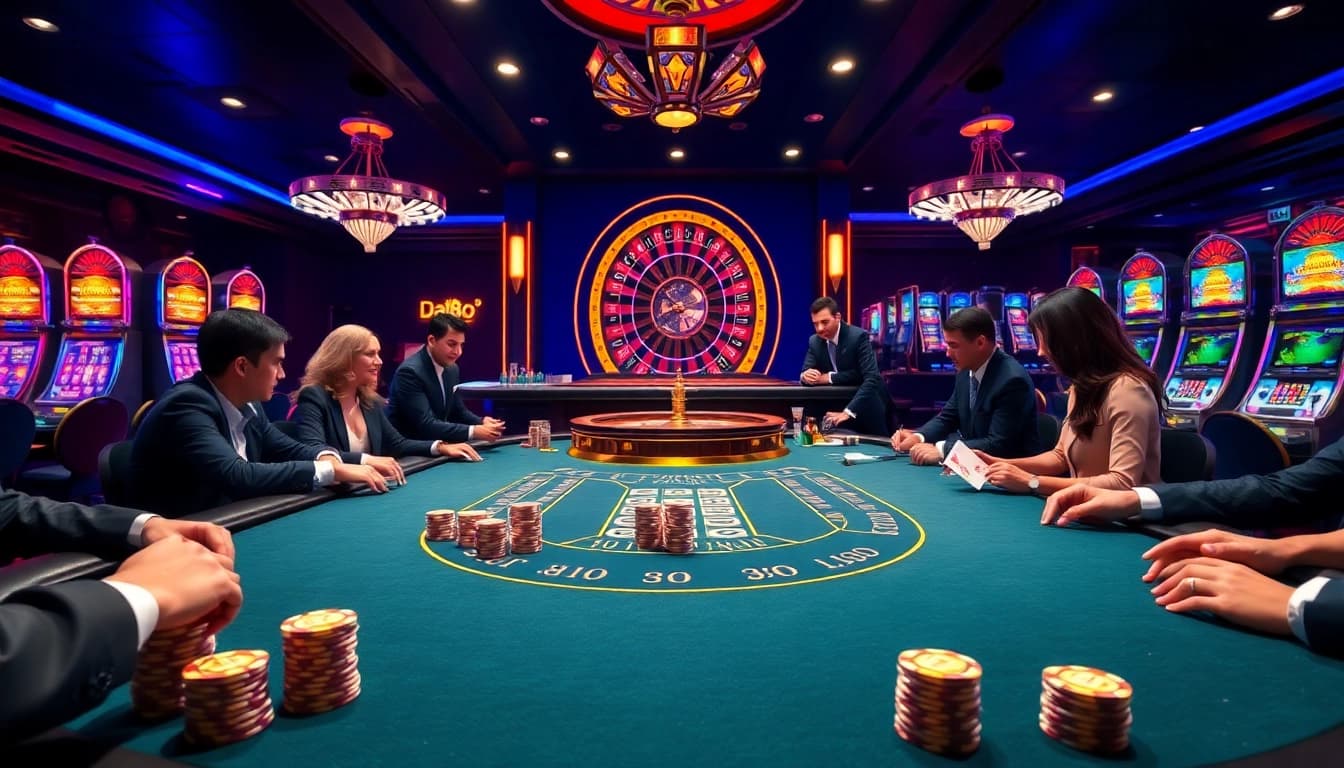 Exciting casino scene featuring da88 themed blackjack table with vibrant lights and engaged players.