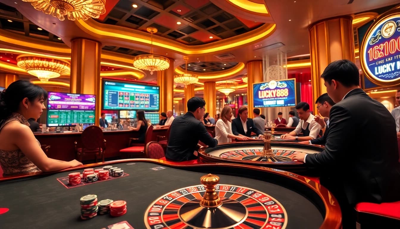 A casino scene showcasing players engaged in games at nhà cái lucky88, featuring poker chips and roulette.