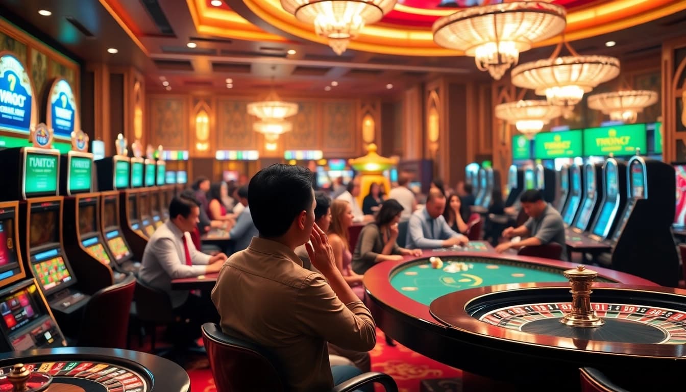 Players enjoying high-stakes action at Trang chủ xibet casino with exciting table games and slot machines.
