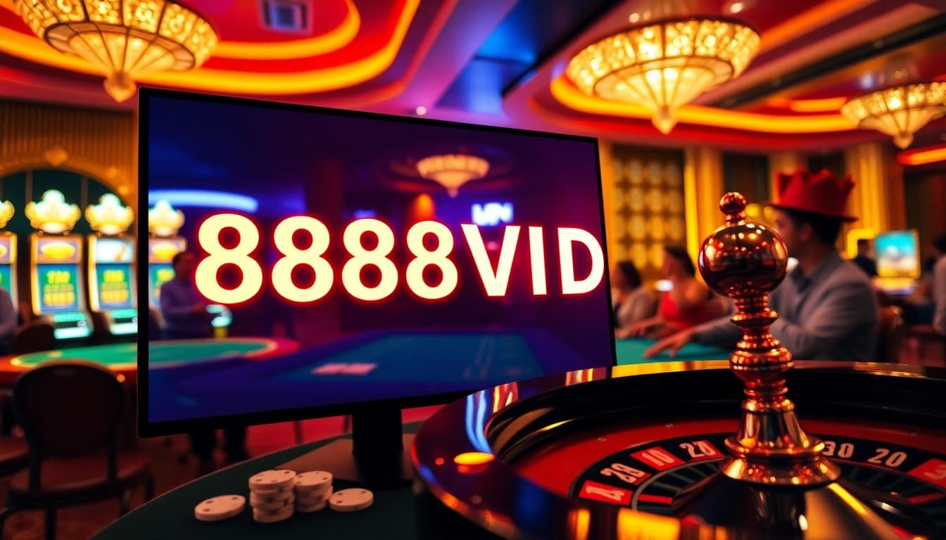 Experience the excitement of gambling with the link 888VND showcased in a vibrant casino scene.