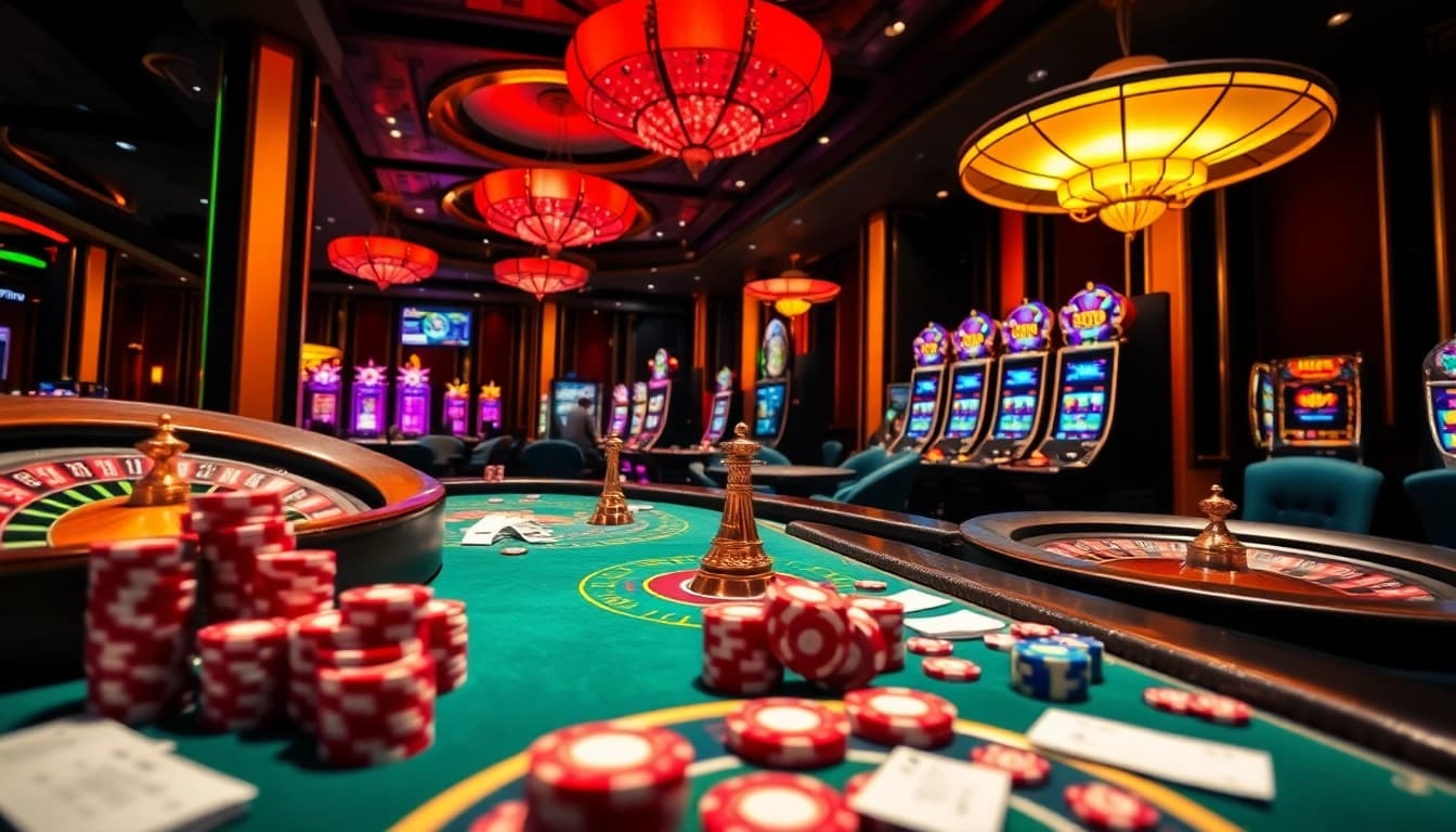 Action-packed gambling scene featuring sunwin20 poker and casino tables illuminated in luxury