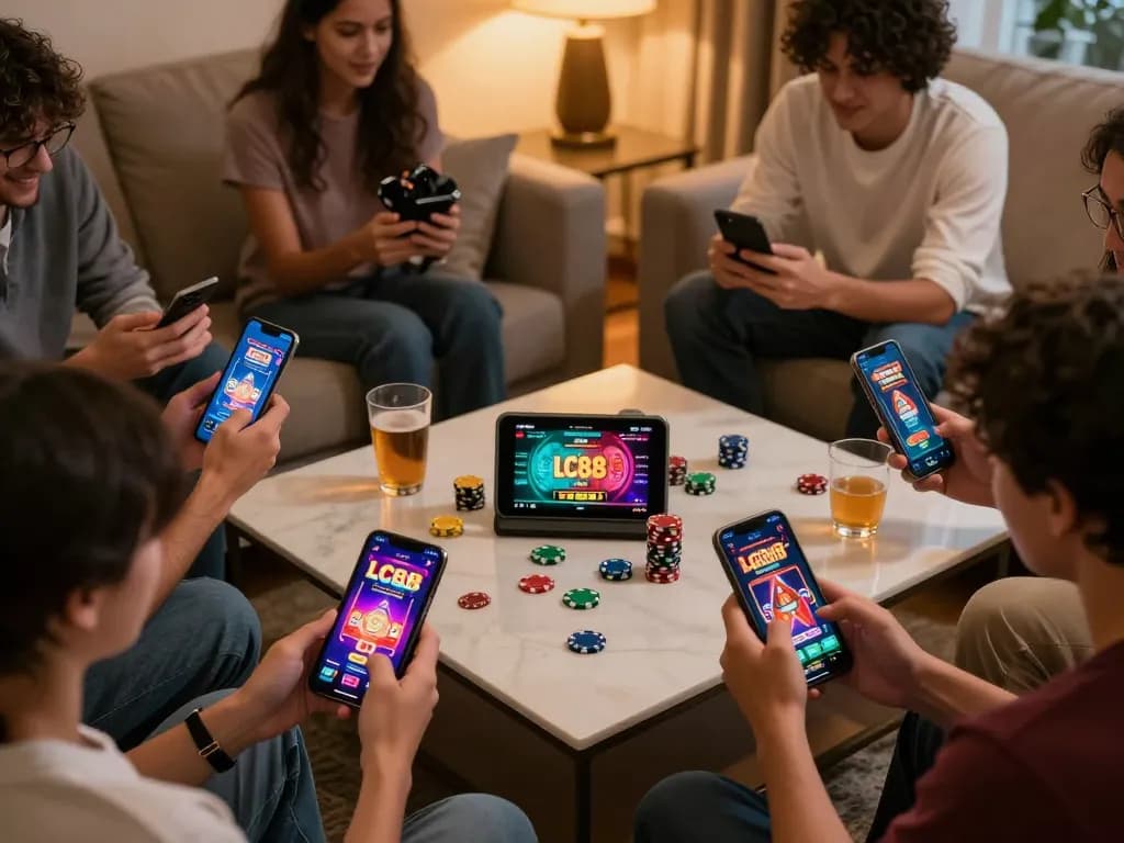 Players enjoying mobile gaming at LC88, featuring interactive app designs in a cozy home environment.