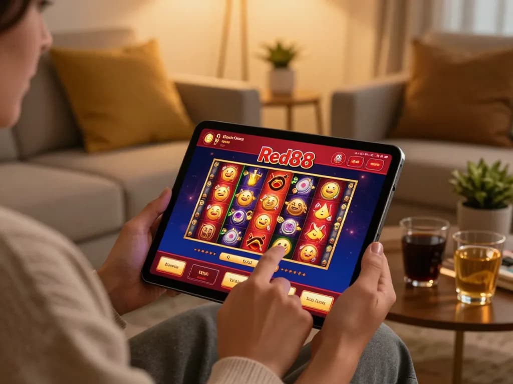 Engaging with the Red88 casino app on a tablet in a cozy gaming setup.