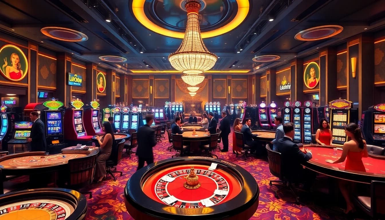 Players engaging at tables in a luxurious Luckywin casino environment filled with excitement.