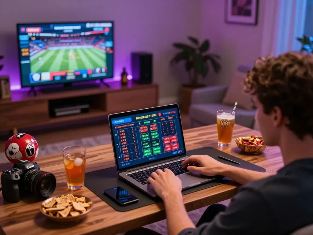 Person engaging with sin88 online sports betting platform in a lively home atmosphere.