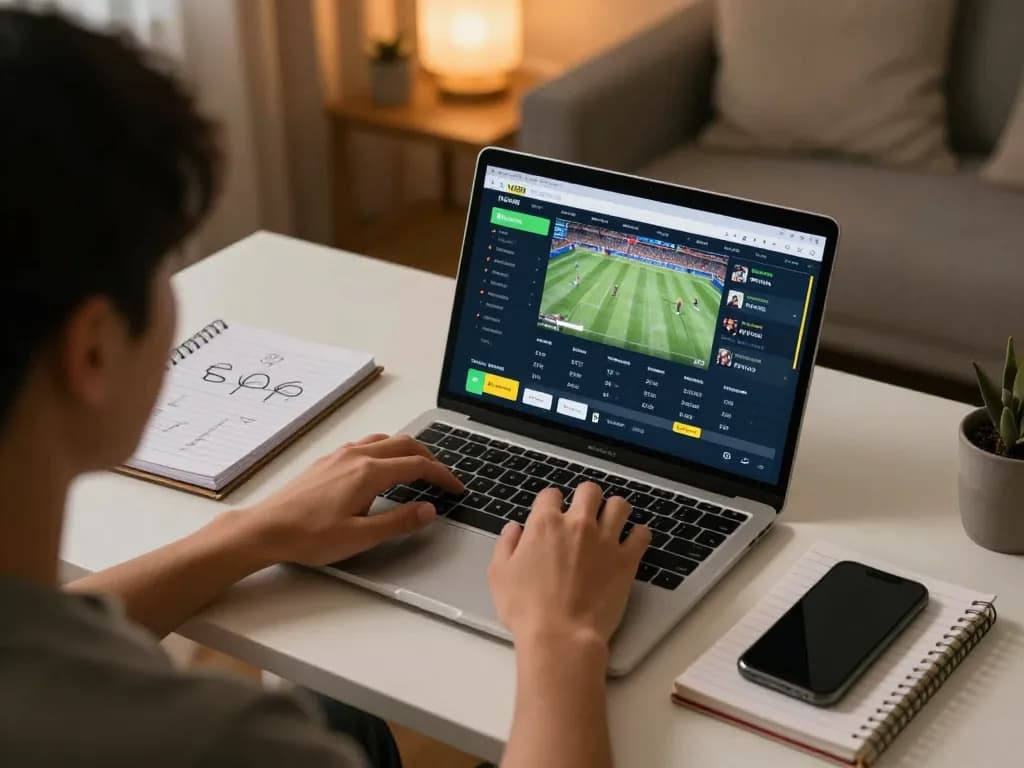 Engaged bettor using VB88 SPORT app on a laptop for live sports betting with a cozy home setup