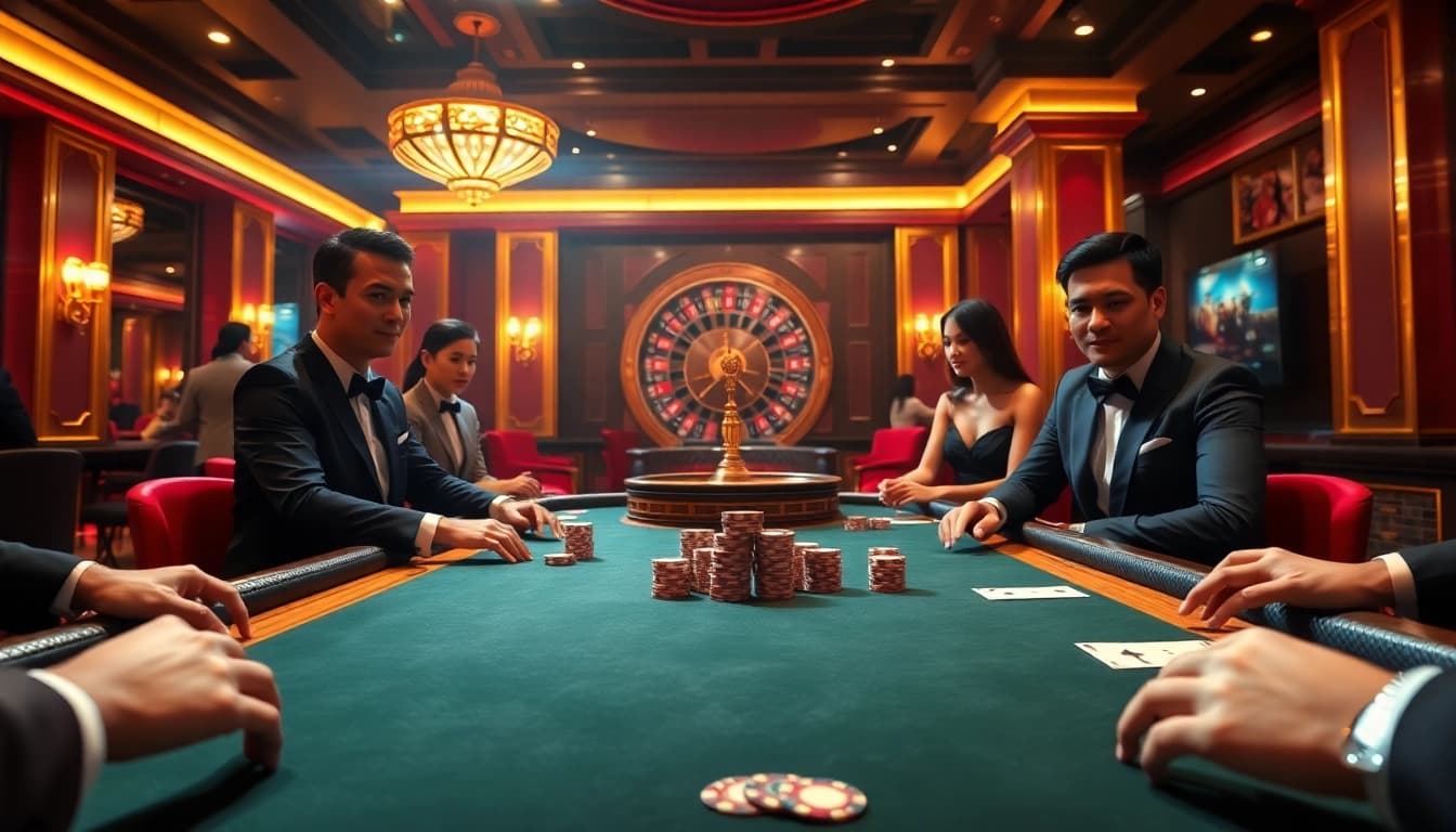 Exciting poker game at Xin88 with high-stakes chips and elegant players engaged in the thrill.