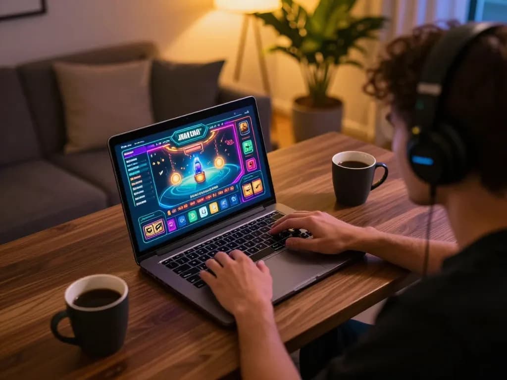 Engaging in online gambling at home using link mm88 on a laptop, cozy atmosphere with ambient lighting.