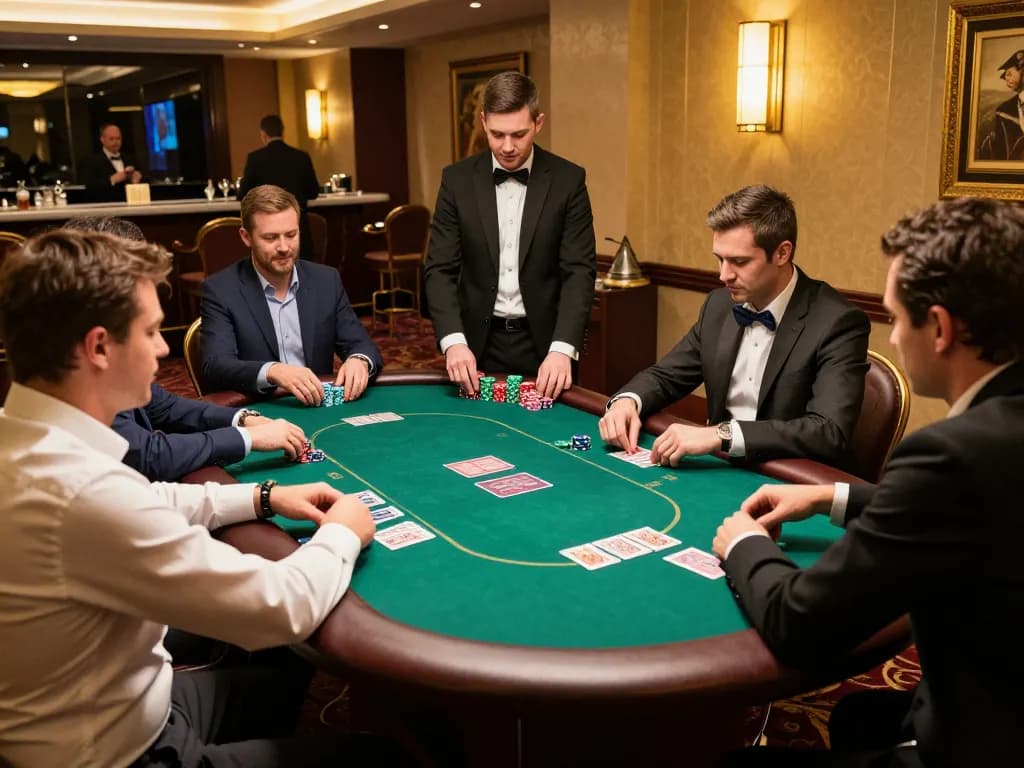Fun88s poker players engaging in a serious game at a luxurious casino table.