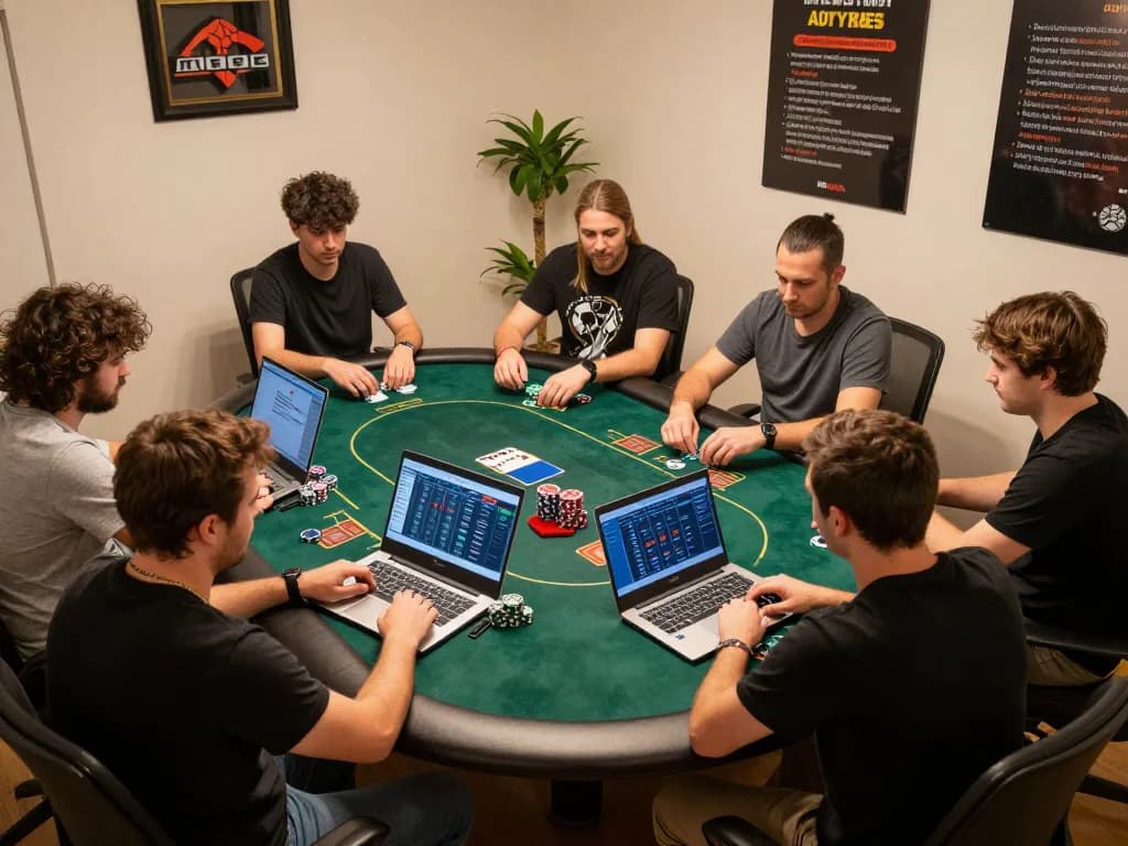 VK88 players engaged in strategic online poker gameplay, showcasing laptop screens and betting action.