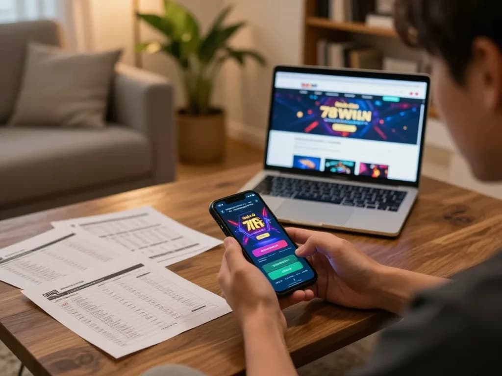 Engaged user exploring nhà cái 78win on mobile app during home gaming session.