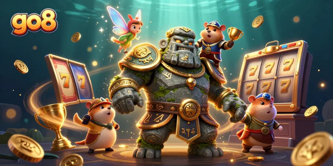 Experience exciting gaming action with go8, featuring vibrant slot reels, golden trophies, and delightful characters.